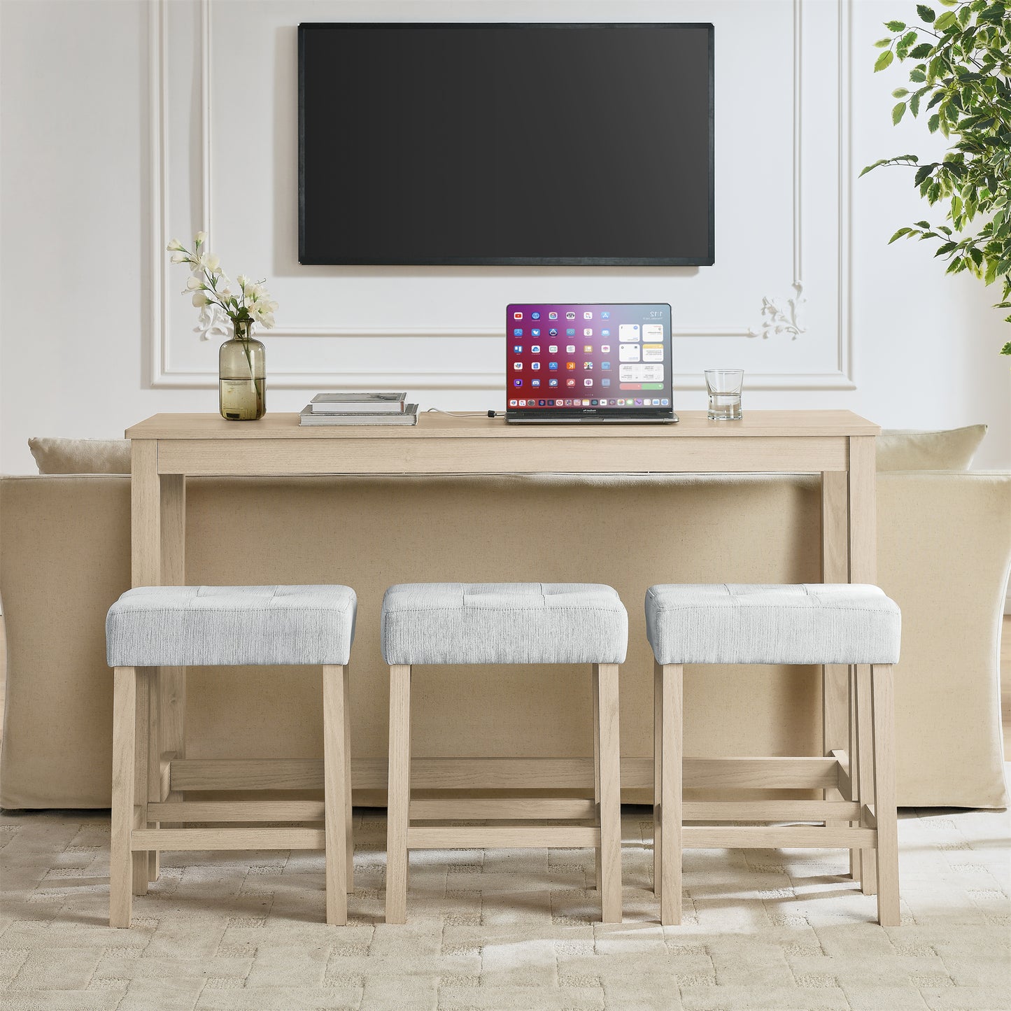 Light Oak Bar Table Set - 59 Inch Dining Table with 3 Stools