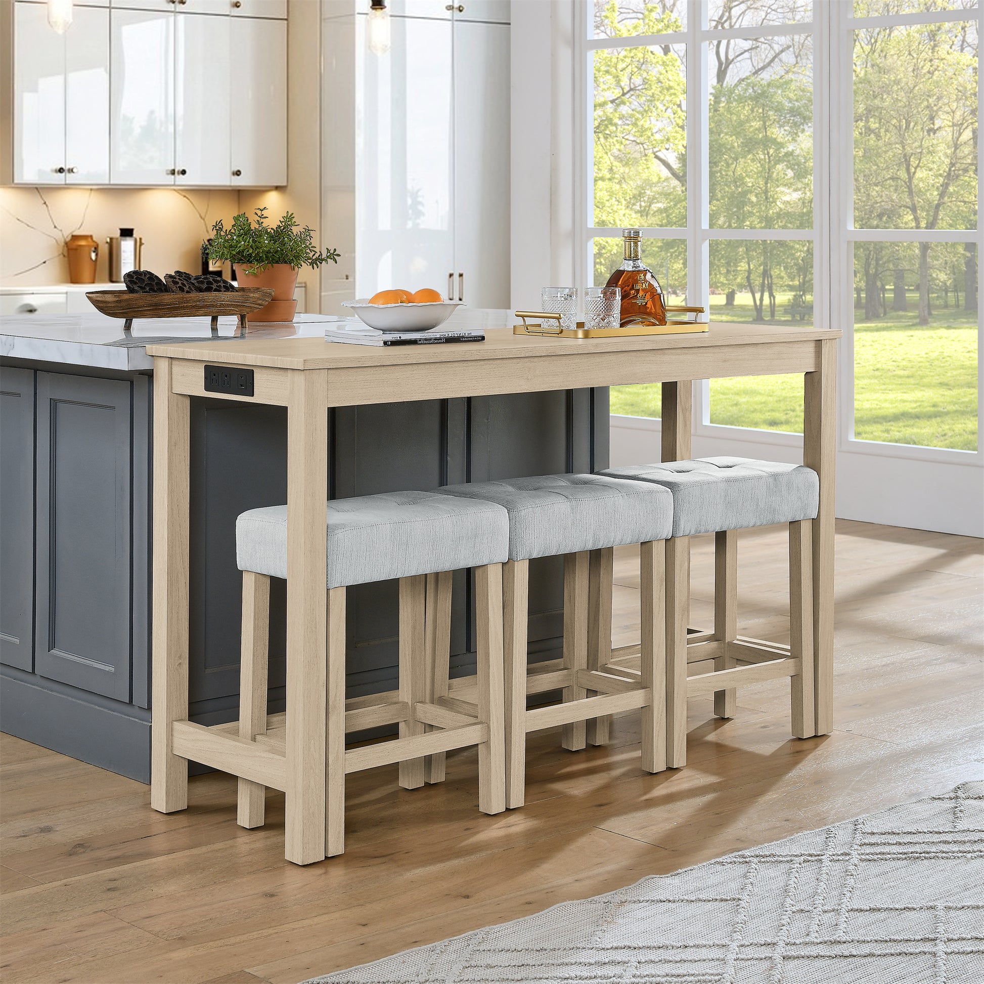 Light Oak Bar Table Set - 59 Inch Dining Table with 3 Stools