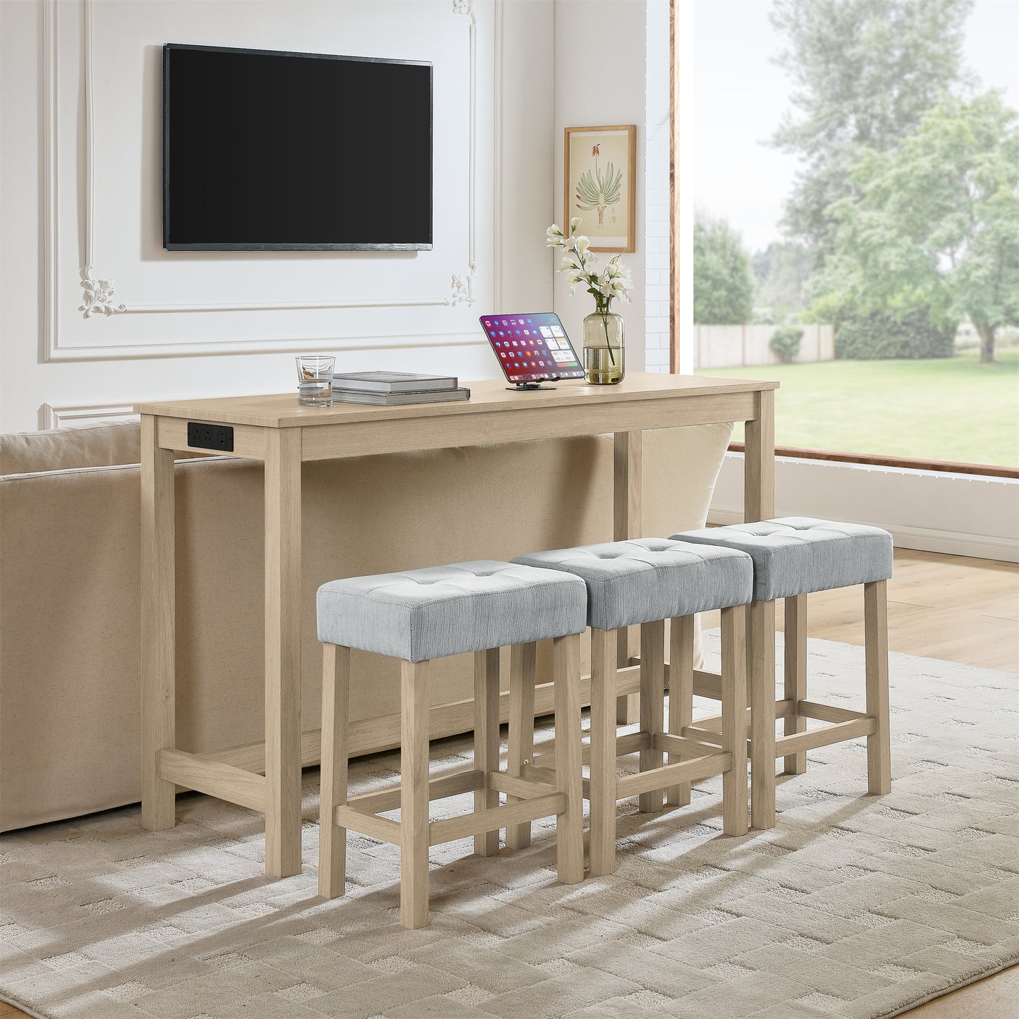 59 Inch Bar Table, Dining Table, Sofa Table with Power Outlet, 3 Upholstered Stools, 4 Piece Bar Table and Chair Set for Living Room, Dining Room, Kitchen