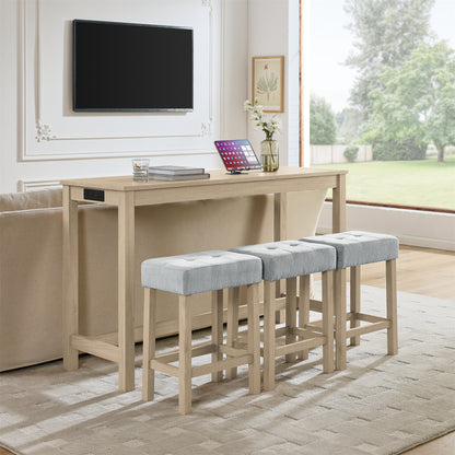 59 Inch Bar Table, Dining Table, Sofa Table with Power Outlet, 3 Upholstered Stools, 4 Piece Bar Table and Chair Set for Living Room, Dining Room, Kitchen