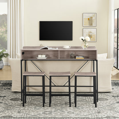 59 Inch Grey Sofa Table with Stools & Power Outlet