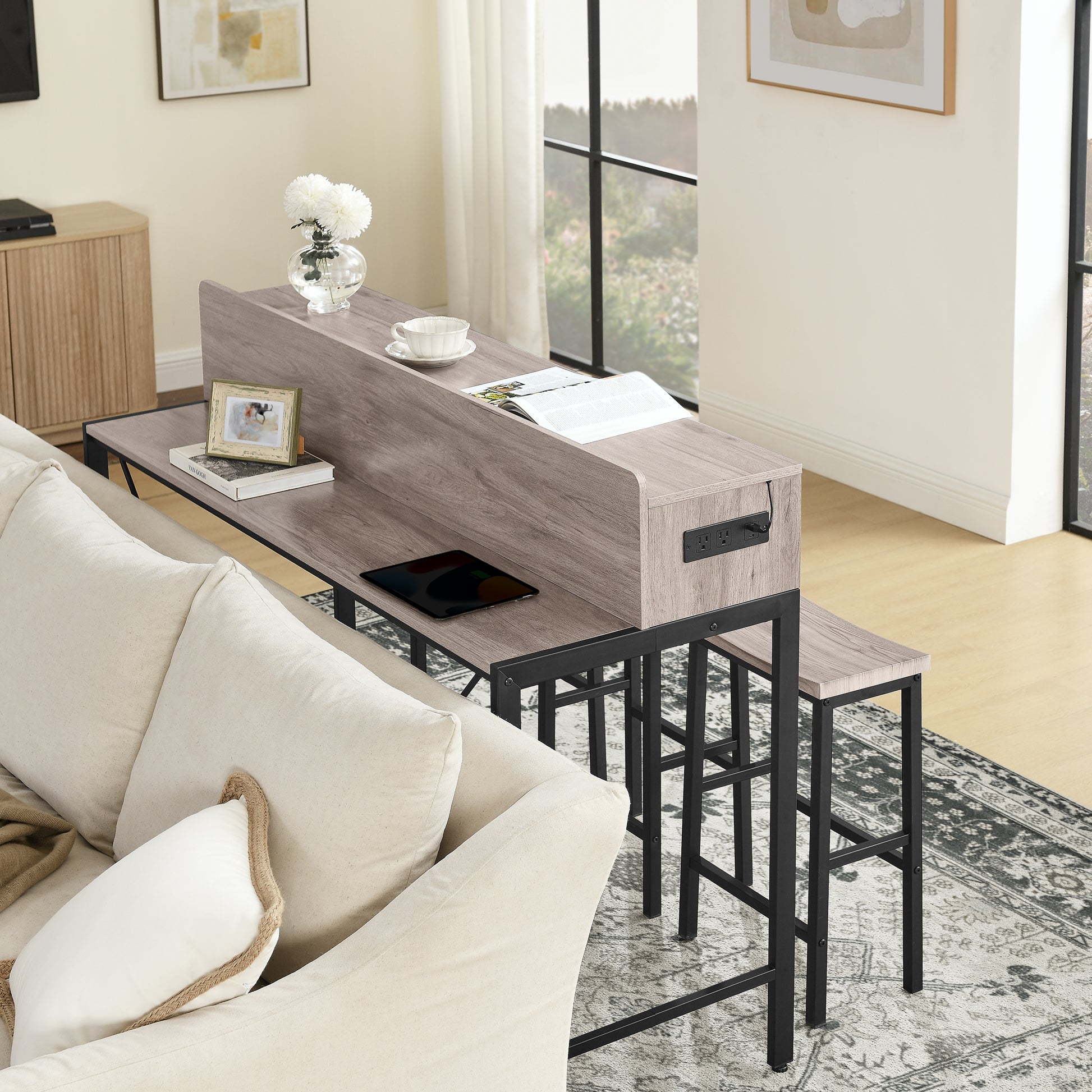 59 Inch Grey Sofa Table with Stools & Power Outlet