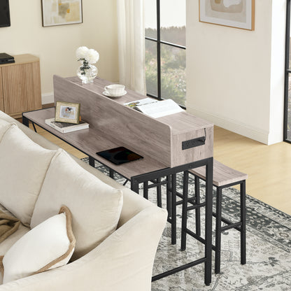 59 Inch Grey Sofa Table with Stools & Power Outlet