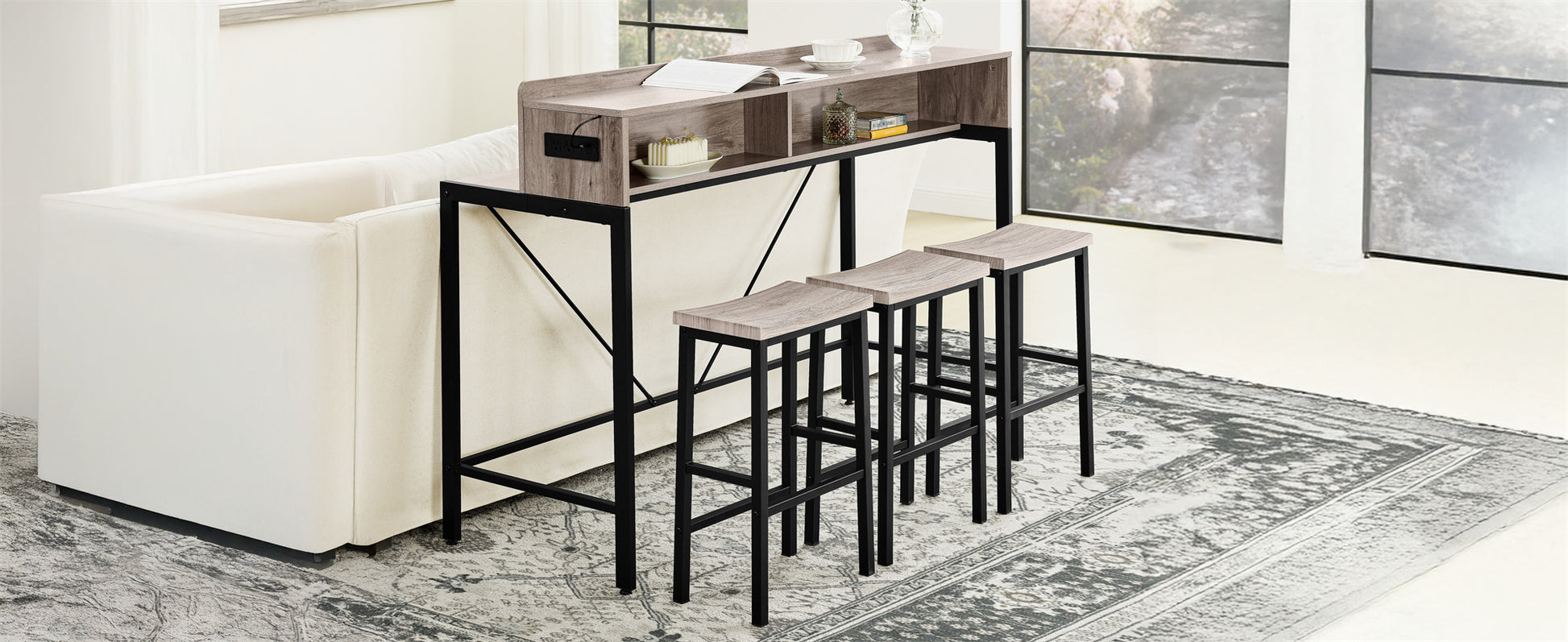 59 Inch Grey Sofa Table with Stools & Power Outlet