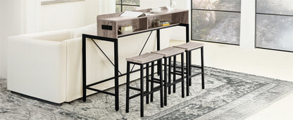 59 Inch Grey Sofa Table with Stools & Power Outlet