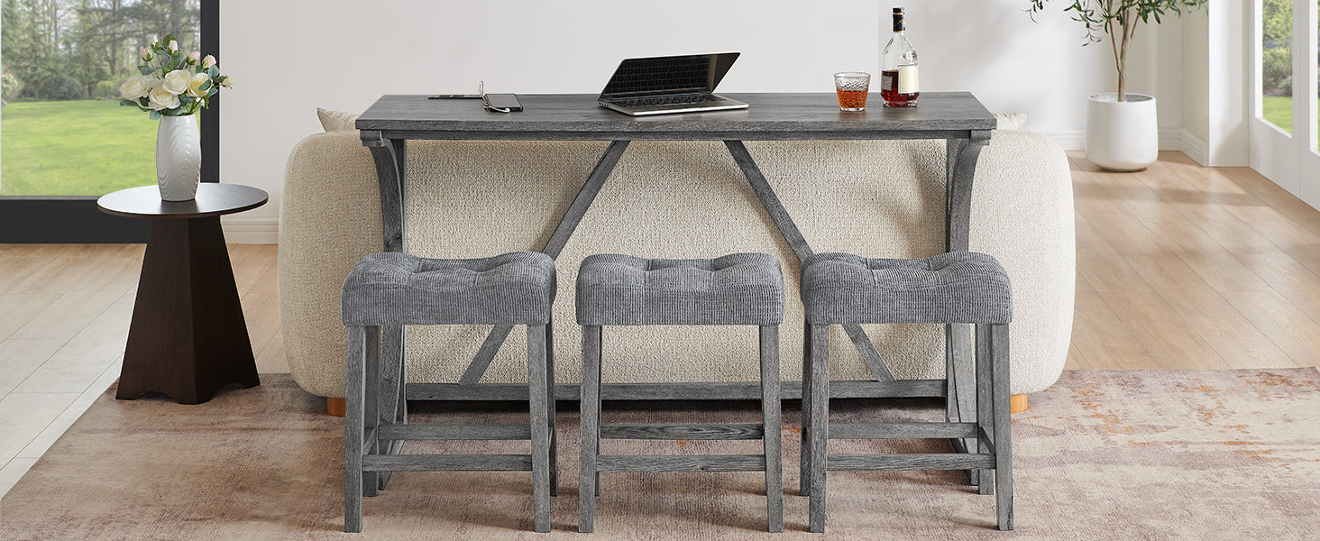 Dining Room Grey Solid Wood Bar Table with Stools and Power Outlet for Kitchen Dining