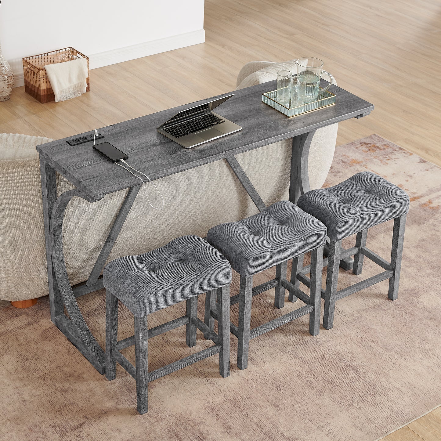 Dining Room Grey Solid Wood Bar Table with Stools and Power Outlet for Kitchen Dining