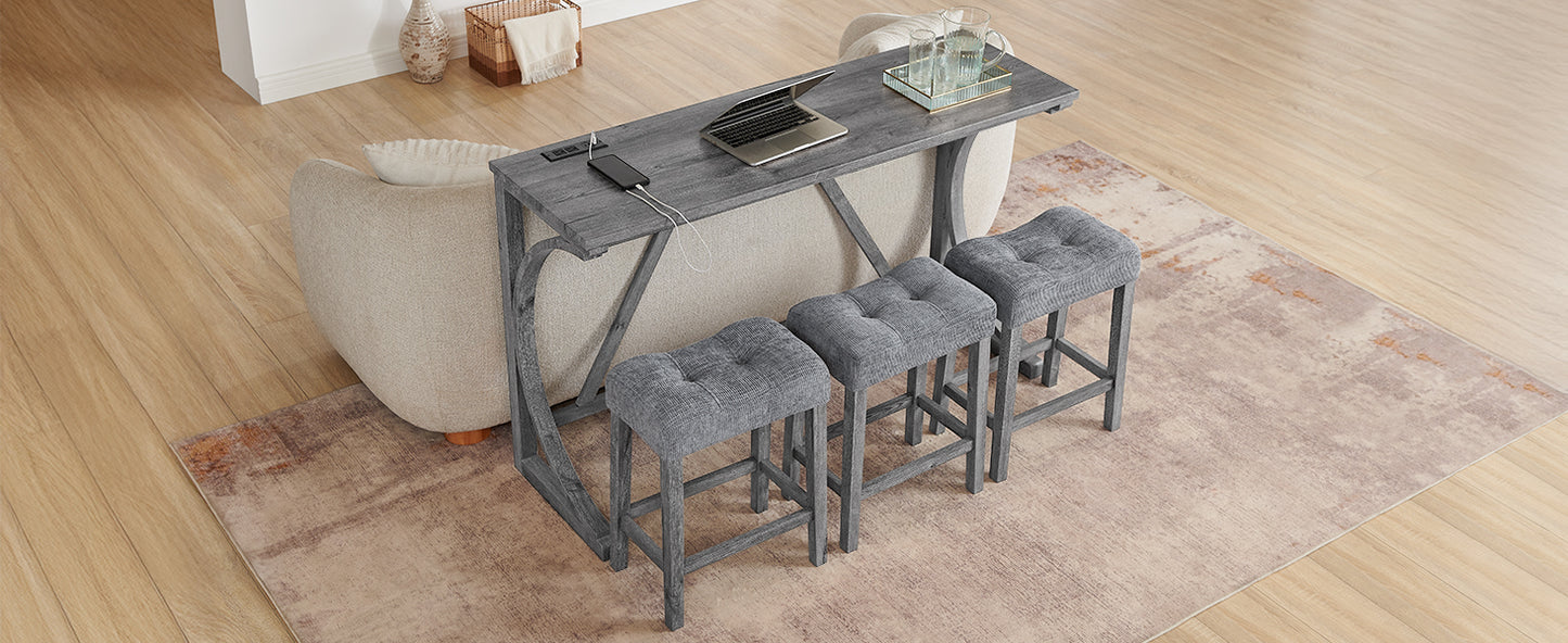 Dining Room Grey Solid Wood Bar Table with Stools and Power Outlet for Kitchen Dining