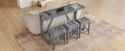 Dining Room Grey Solid Wood Bar Table with Stools and Power Outlet for Kitchen Dining
