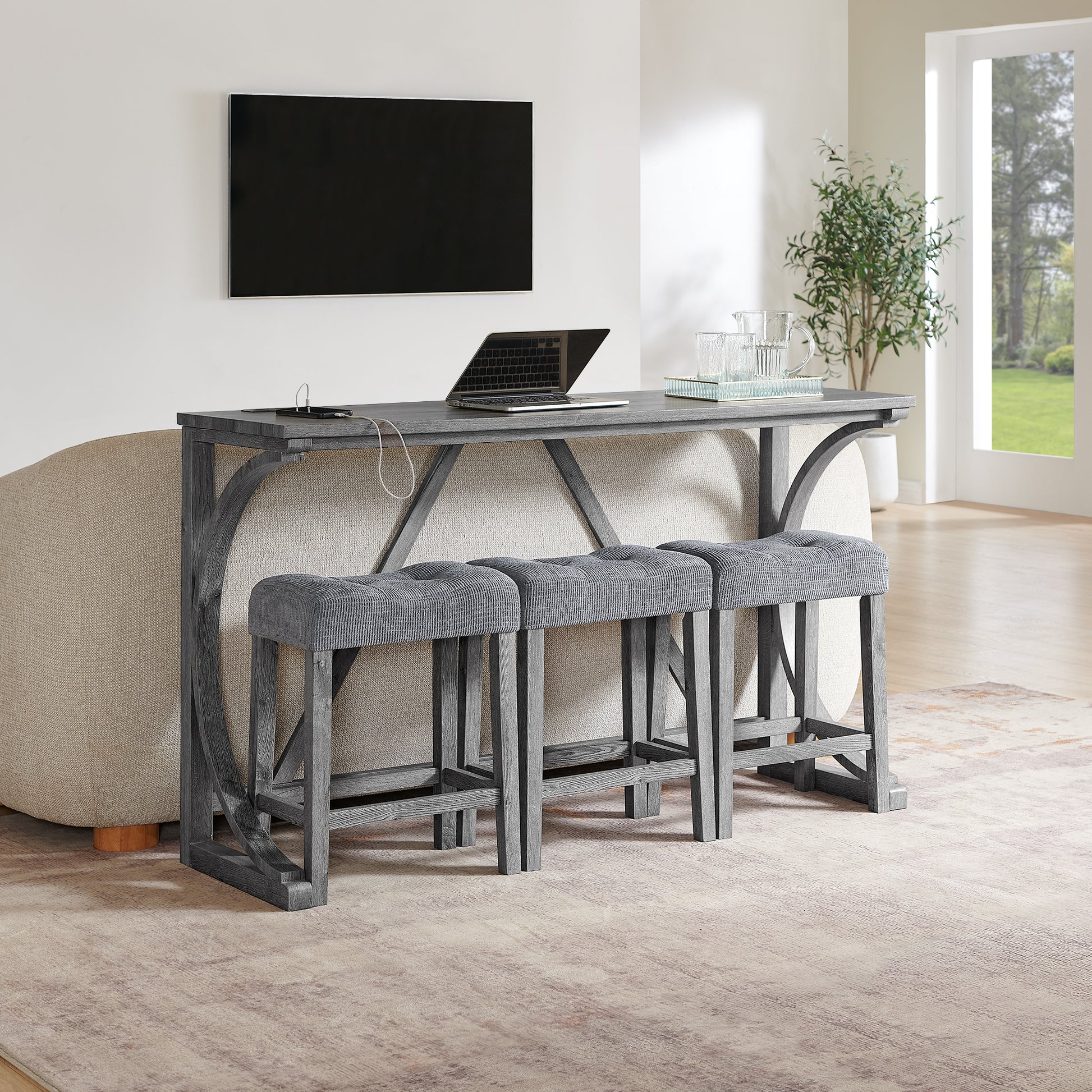 Dining Room Grey Solid Wood Bar Table with Stools and Power Outlet for Kitchen Dining