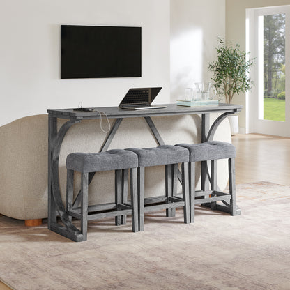 Dining Room Grey Solid Wood Bar Table with Stools and Power Outlet for Kitchen Dining