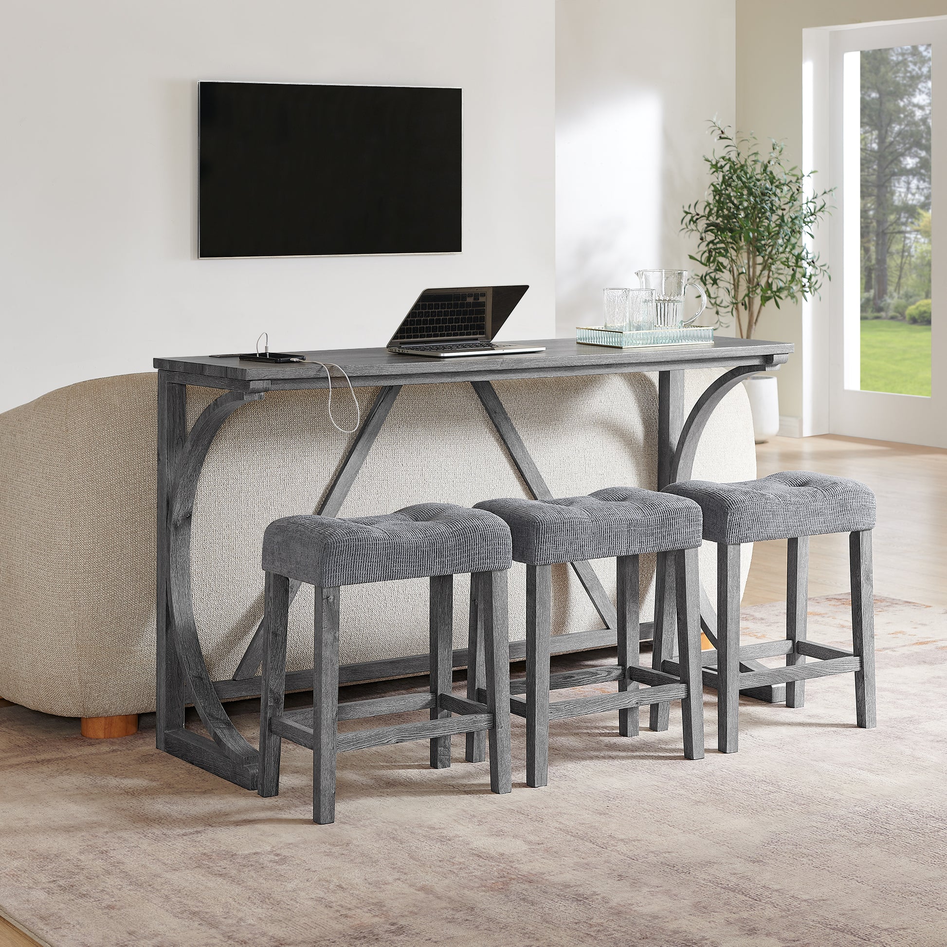 Dining Room Grey Solid Wood Bar Table with Stools and Power Outlet for Kitchen Dining