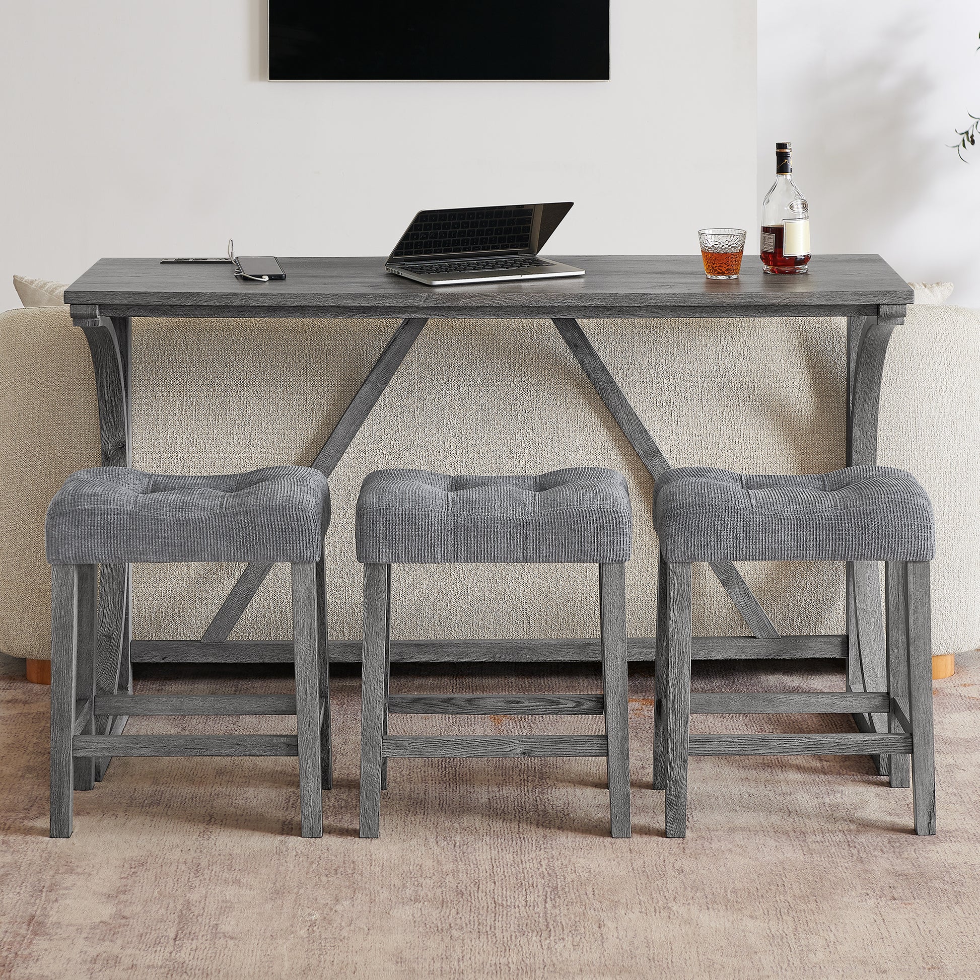 59 Inch Bar Table, Dining Table, Sofa Table with Power Outlet, 3 Upholstered Stools, 4 Piece Bar Table and Chair Set for Living Room, Dining Room, Kitchen