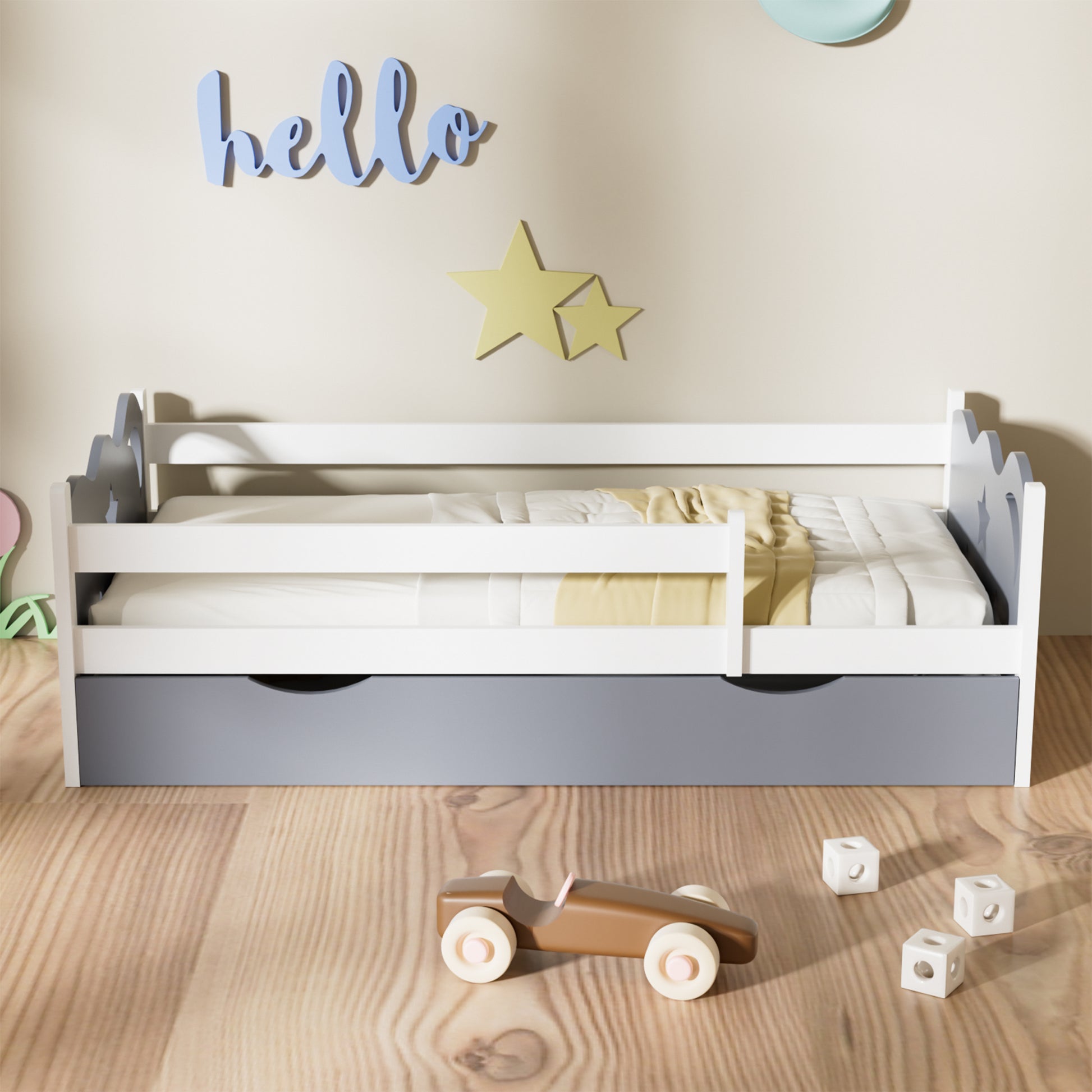 Kid's Bed Frame with star and moon decoration, Wood and bamboo Frames for Toddler Girls Boys, 8 Slats Support, No Box Spring Needed, Easy Assembly