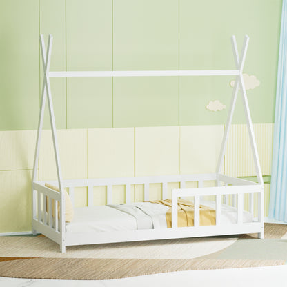 Floor Bed Frame for Kids, Wooden Montessori Floor Bed,House Bed for Kids Girls Boys, Tent beds, White with Guardrail