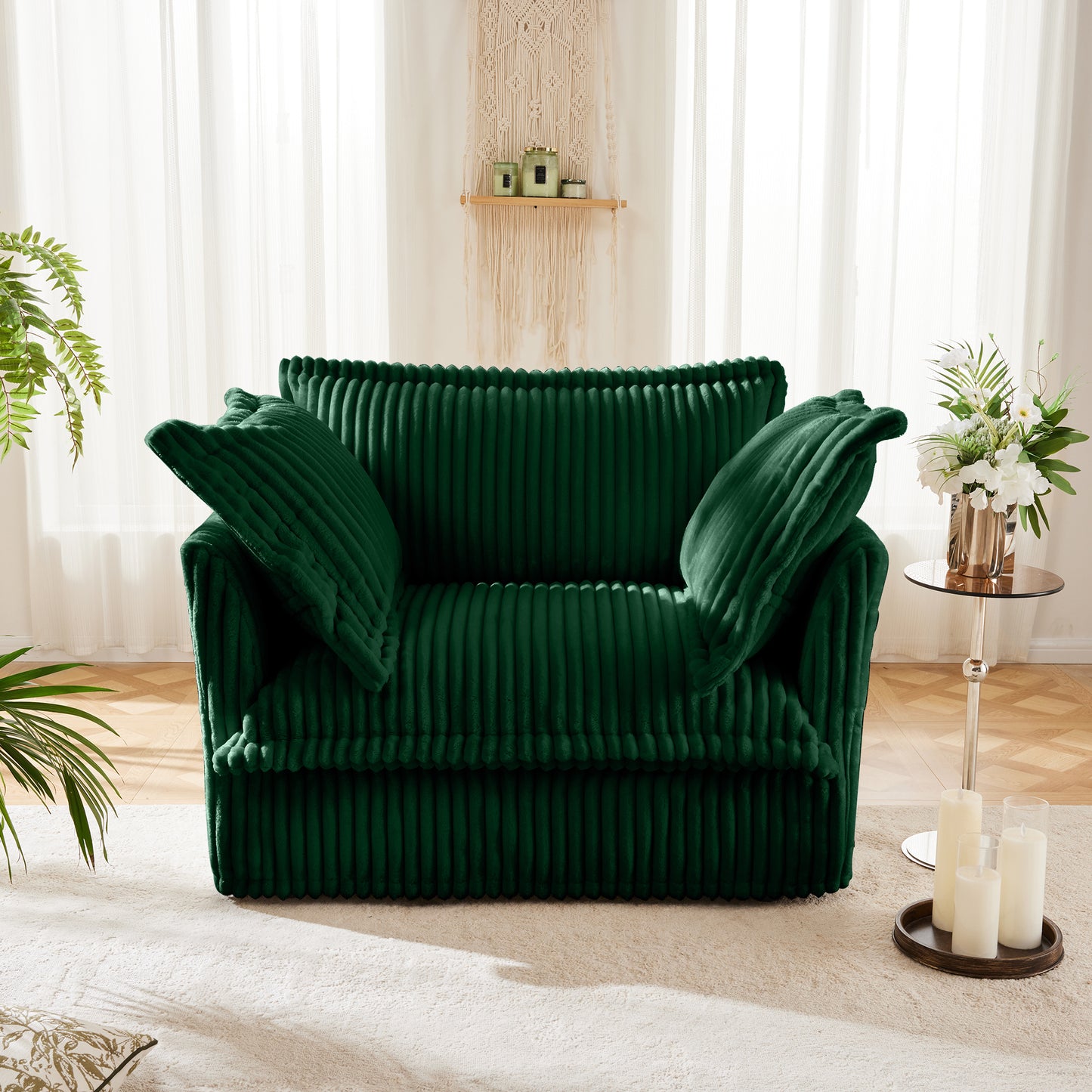 Green Corduroy Single Seat Sofa with Back Cushions for Living Room