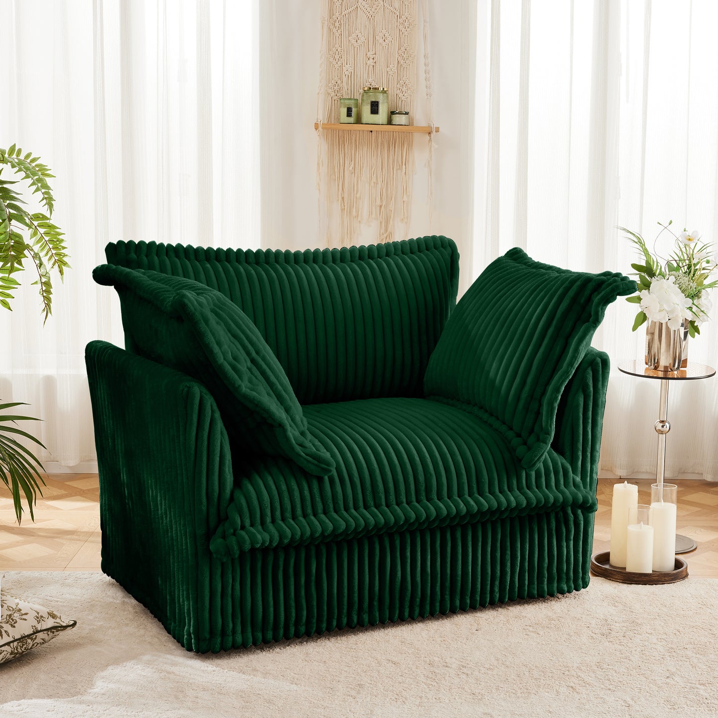 Green Corduroy Single Seat Sofa with Back Cushions for Living Room