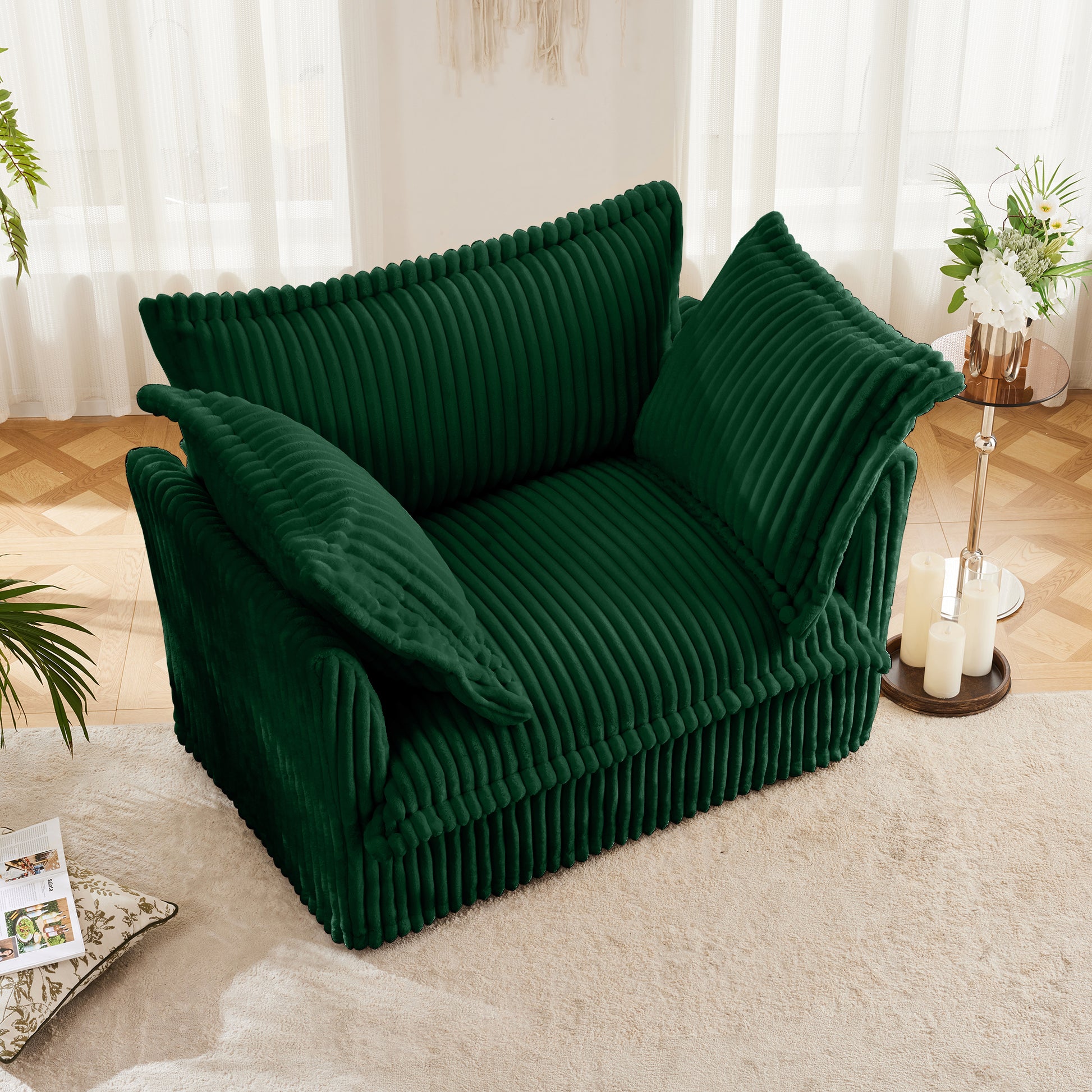 Green Corduroy Single Seat Sofa with Back Cushions for Living Room