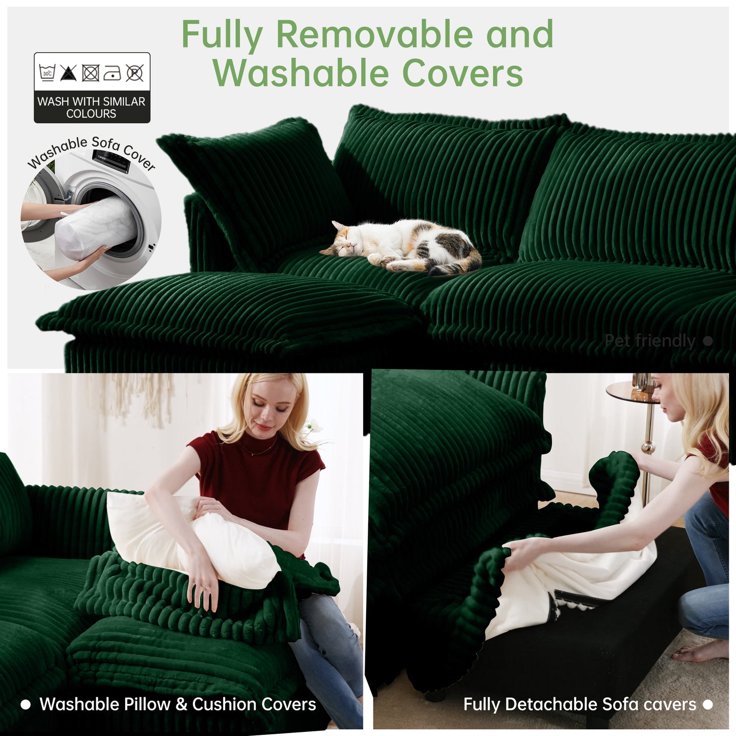 Green Corduroy Single Seat Sofa with Back Cushions for Living Room