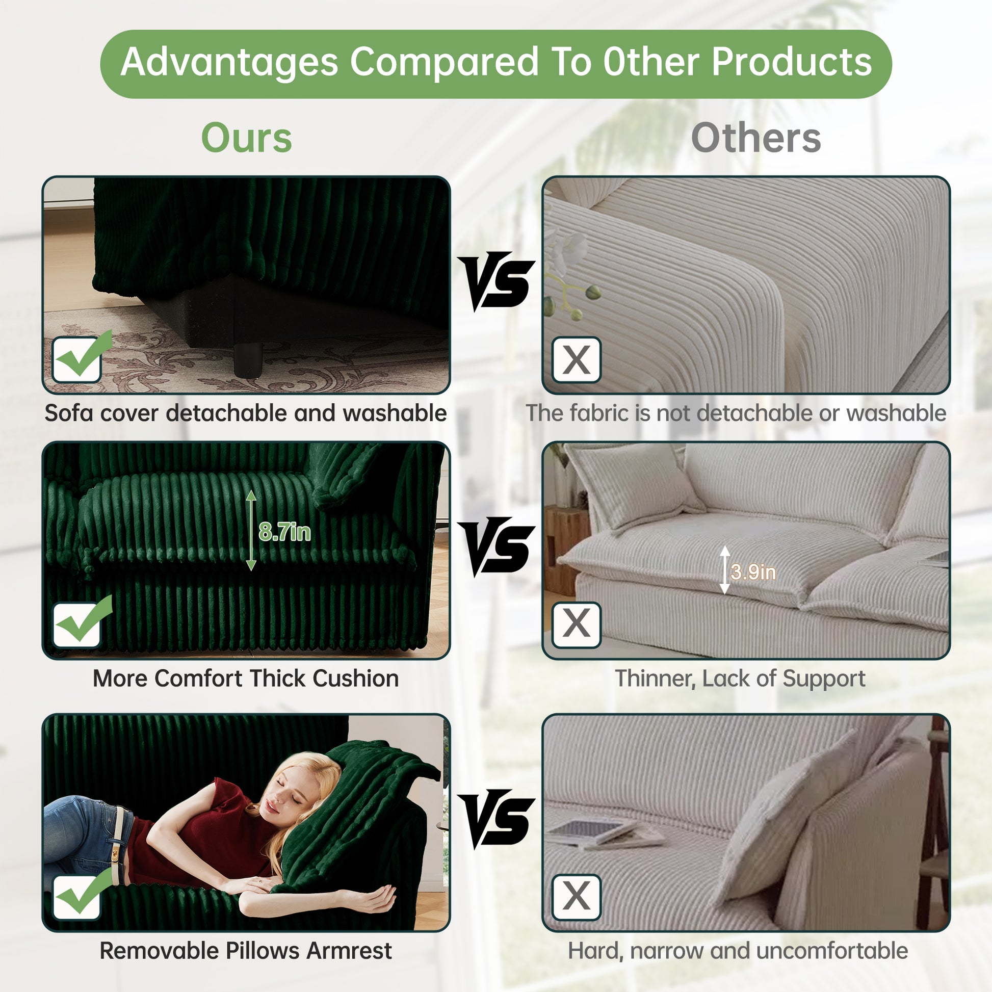 Green Corduroy Single Seat Sofa with Back Cushions for Living Room