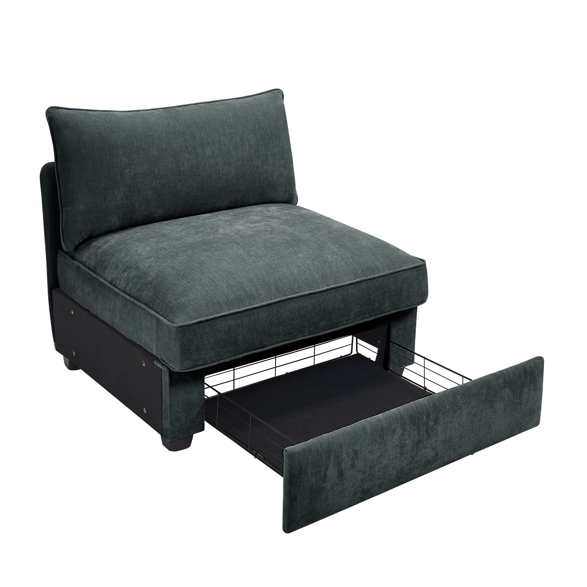 Grey Chenille Armless Sofa with Storage - 3 Seats for Living Room