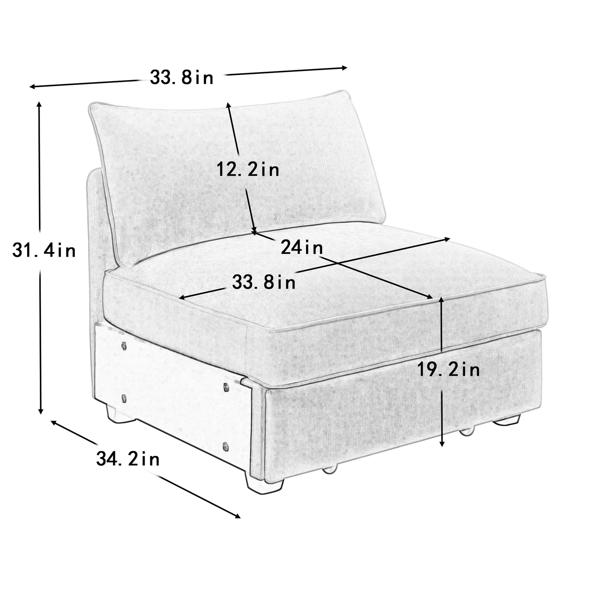 Grey Chenille Armless Sofa with Storage - 3 Seats for Living Room