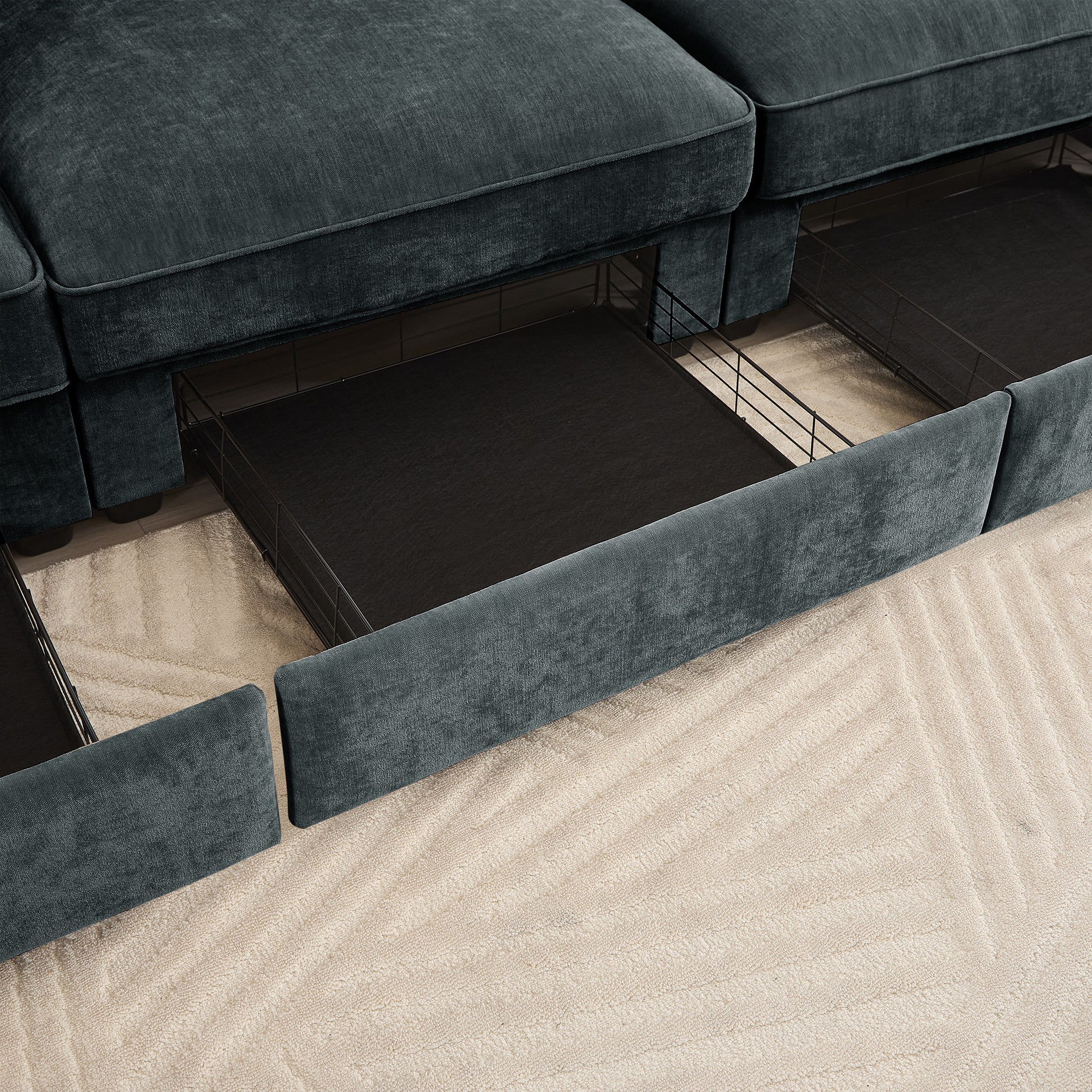 Grey Chenille Armless Sofa with Storage - 3 Seats for Living Room