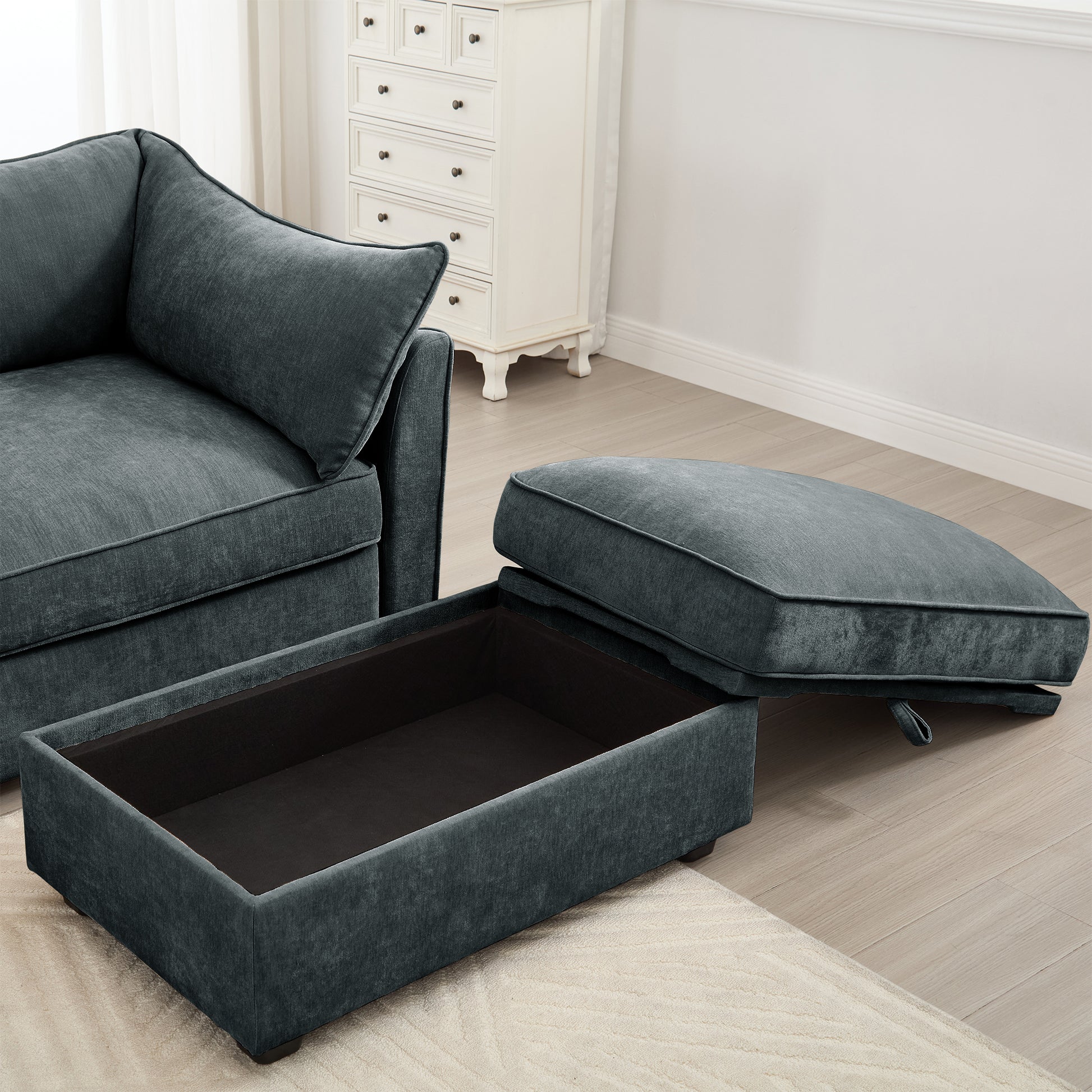 Grey Chenille Armless Sofa with Storage - 3 Seats for Living Room