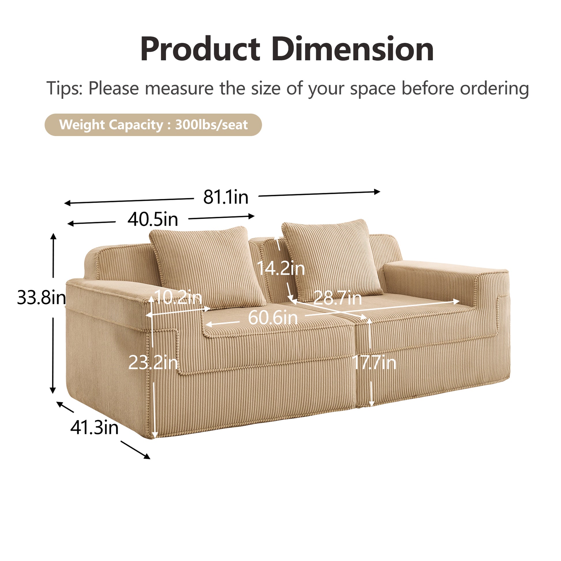 Camel Corduroy 2 Seat Loveseat Sofa - Cloud Sectional