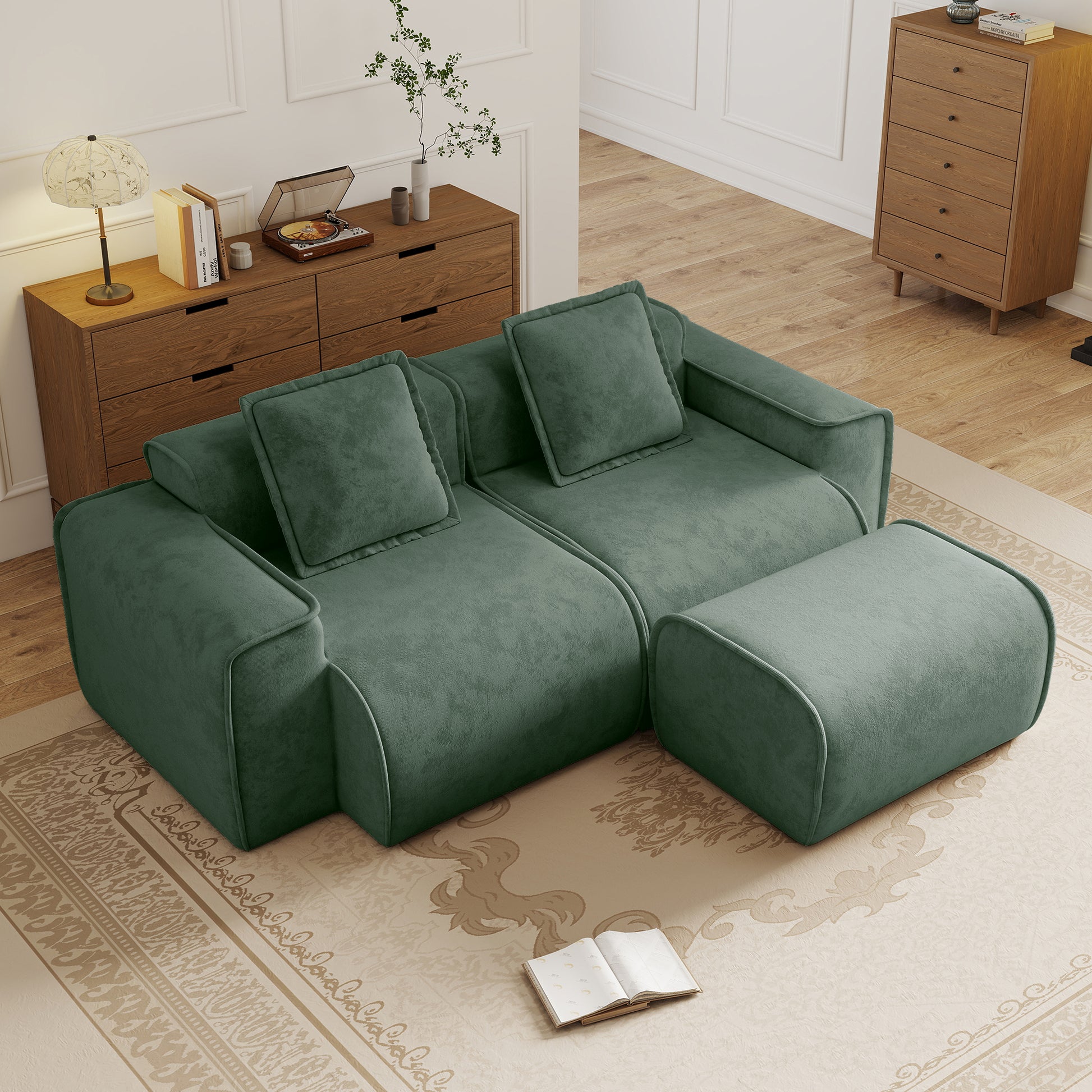 Streamlined Design Modular 2 Seat L Shape Sectional Boneless Sofa with French Edge Piping, No Assembly Required, 2-Seat Sofa Couch with Throw Pillows and 1 Movable Ottoman, Velvet Fabric Green