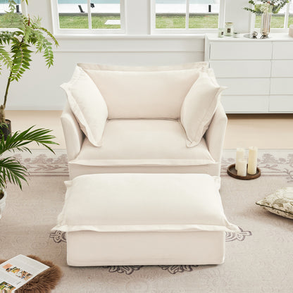 Upholstered Slipcovered Armchair with Ottoman,  Deep Seat Armchair W/ Wide Ottoman for Living Room, Armchair Sets with Large Soft Pillows(Set of 2),Chenille Fabric,Cream