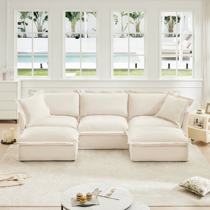 Slipcovered U Shape Sectional Deep Seat Sofa Couch, 3 Seater Sofa with French Edges Design Multiple Big Pillows, Modular Deep Seat Sectional Sofa Comfy Cloud Couch for Living Room, Apartment,Chenille