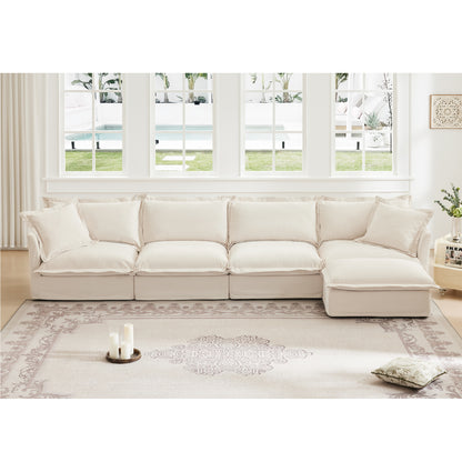 Slipcovered L Shape Sectional Long Sofa Couch, 4 Seater Sofa with Suppleness Armrests, Chenille Deep Seat Sofa with 2 Big Pillows, Comfy Couch for Living Room, Apartment, Chenille Fabric, Cream