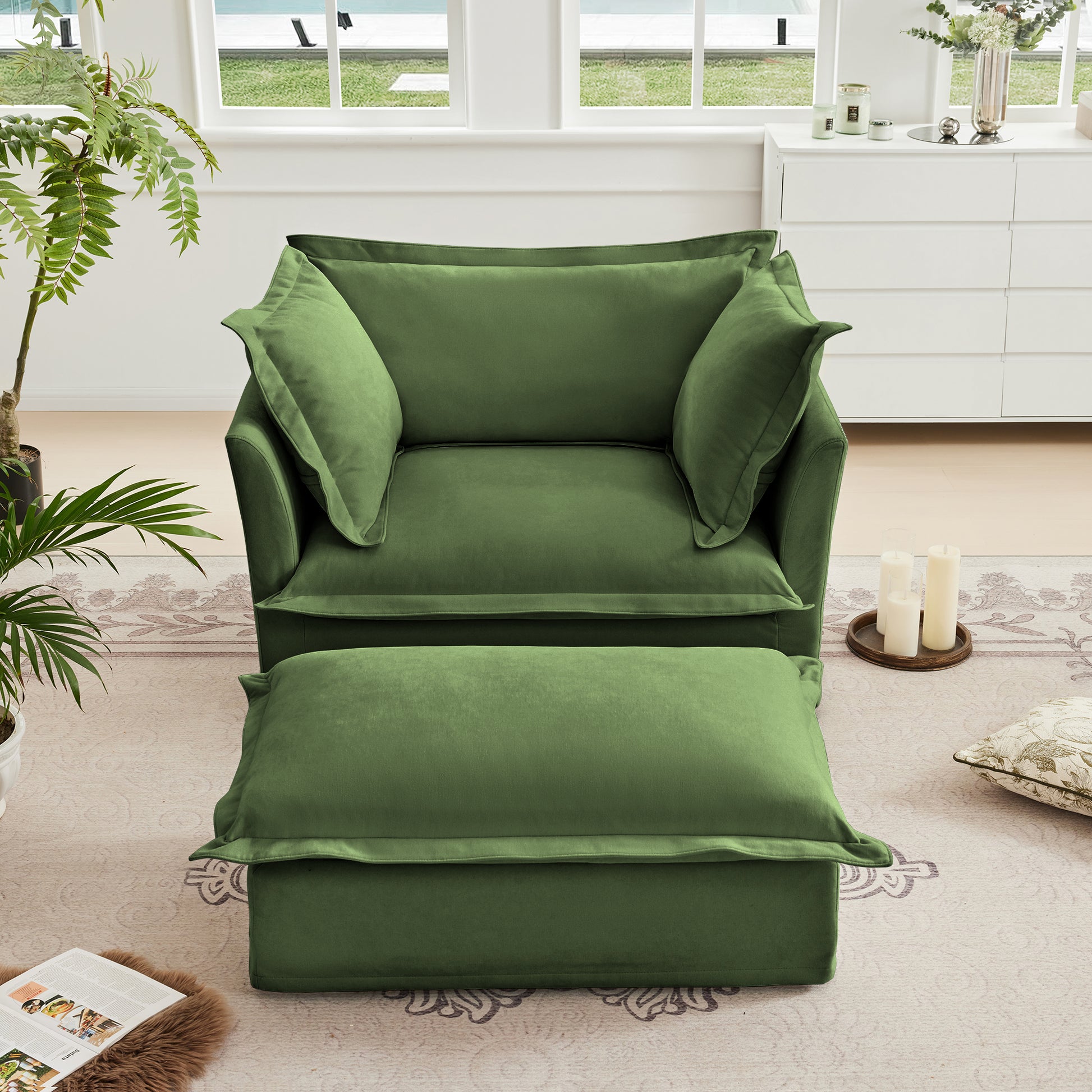 Green Chenille Armchair with Ottoman - Comfortable Living Room Seating