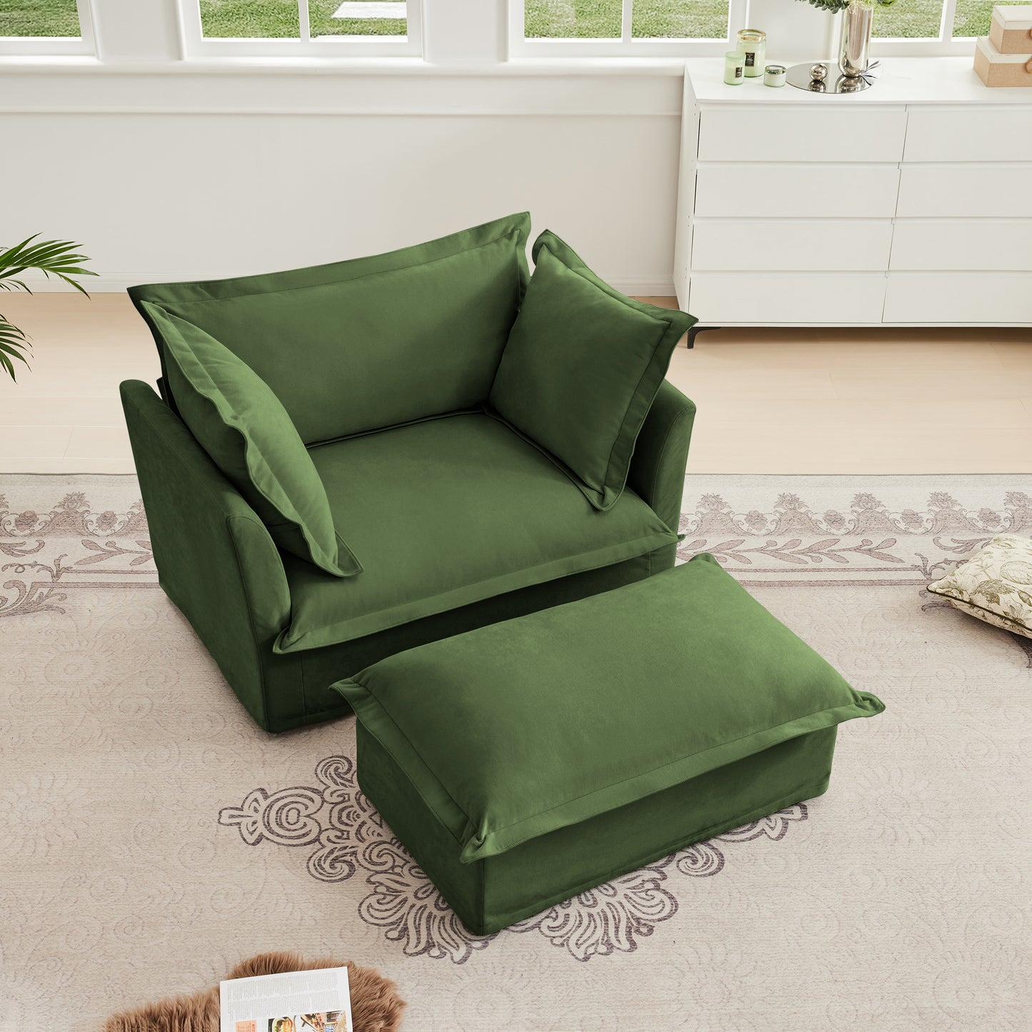 Green Chenille Armchair with Ottoman - Comfortable Living Room Seating