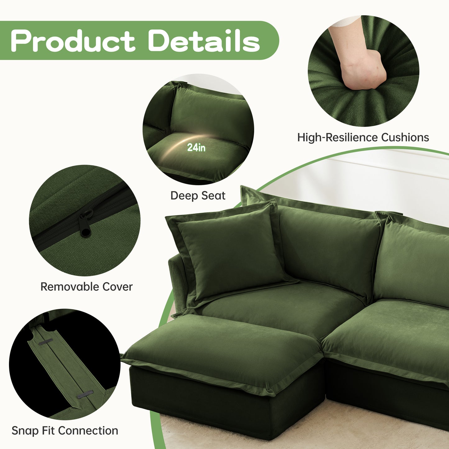 Green Chenille Armchair with Ottoman - Comfortable Living Room Seating