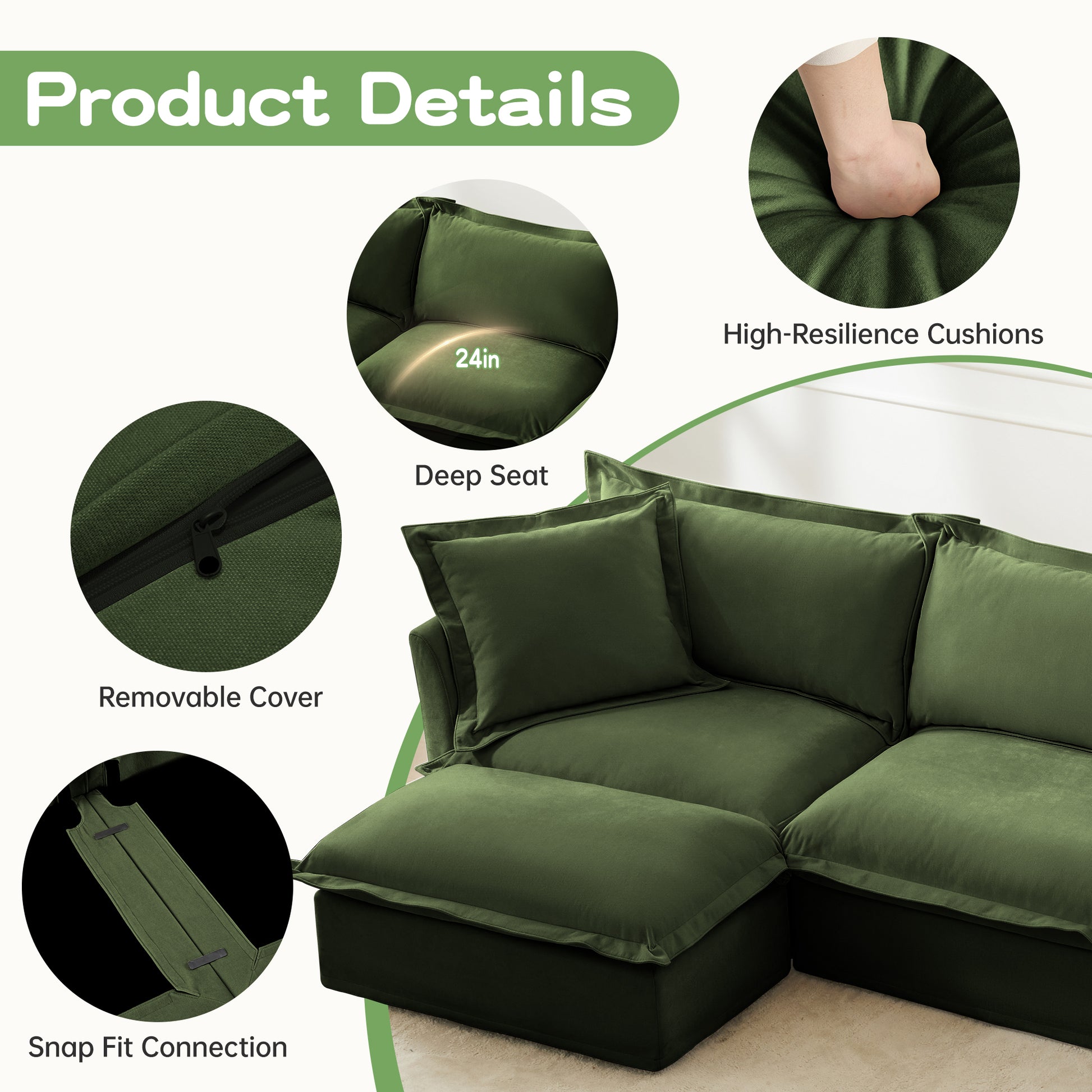 Green Chenille Armchair with Ottoman - Comfortable Living Room Seating