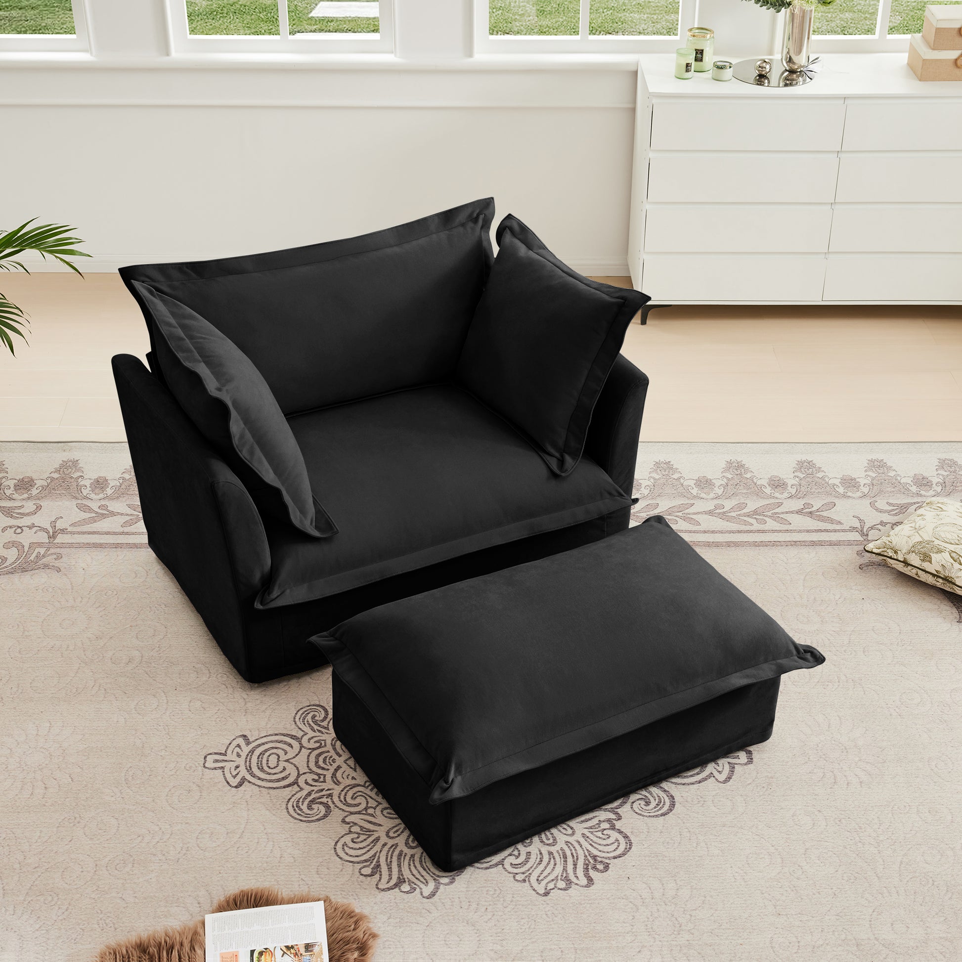 Black Chenille Armchair with Deep Seat & Pillows - Comfortable Accent Chair