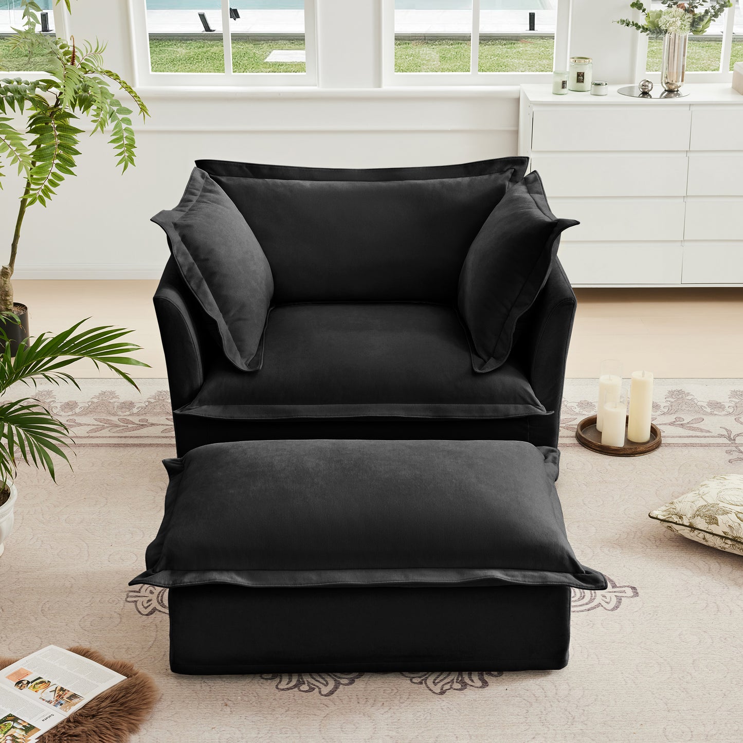 Black Chenille Armchair with Deep Seat & Pillows - Comfortable Accent Chair
