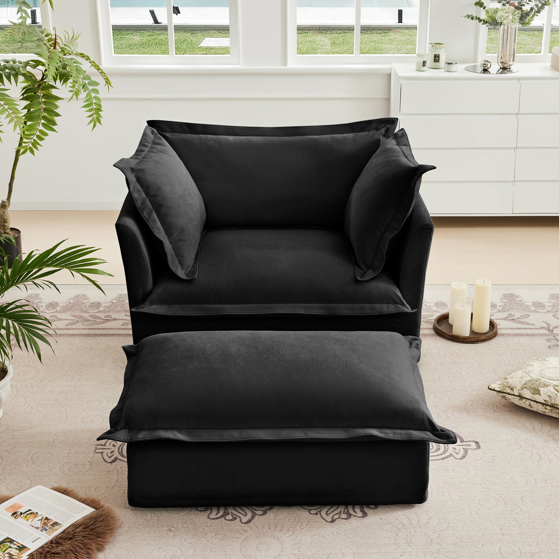 Black Chenille Armchair with Deep Seat & Pillows - Comfortable Accent Chair
