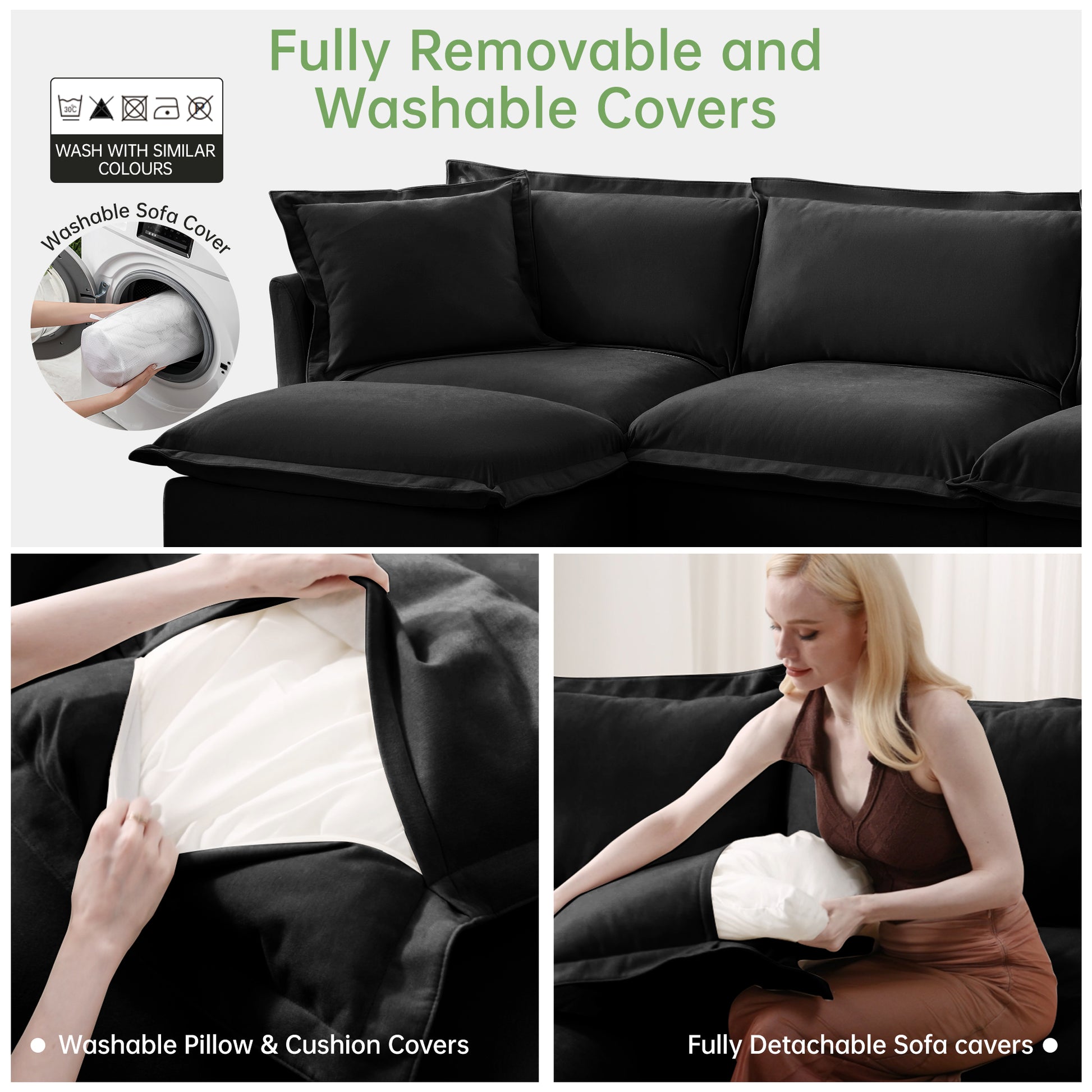 Black Chenille Armchair with Deep Seat & Pillows - Comfortable Accent Chair