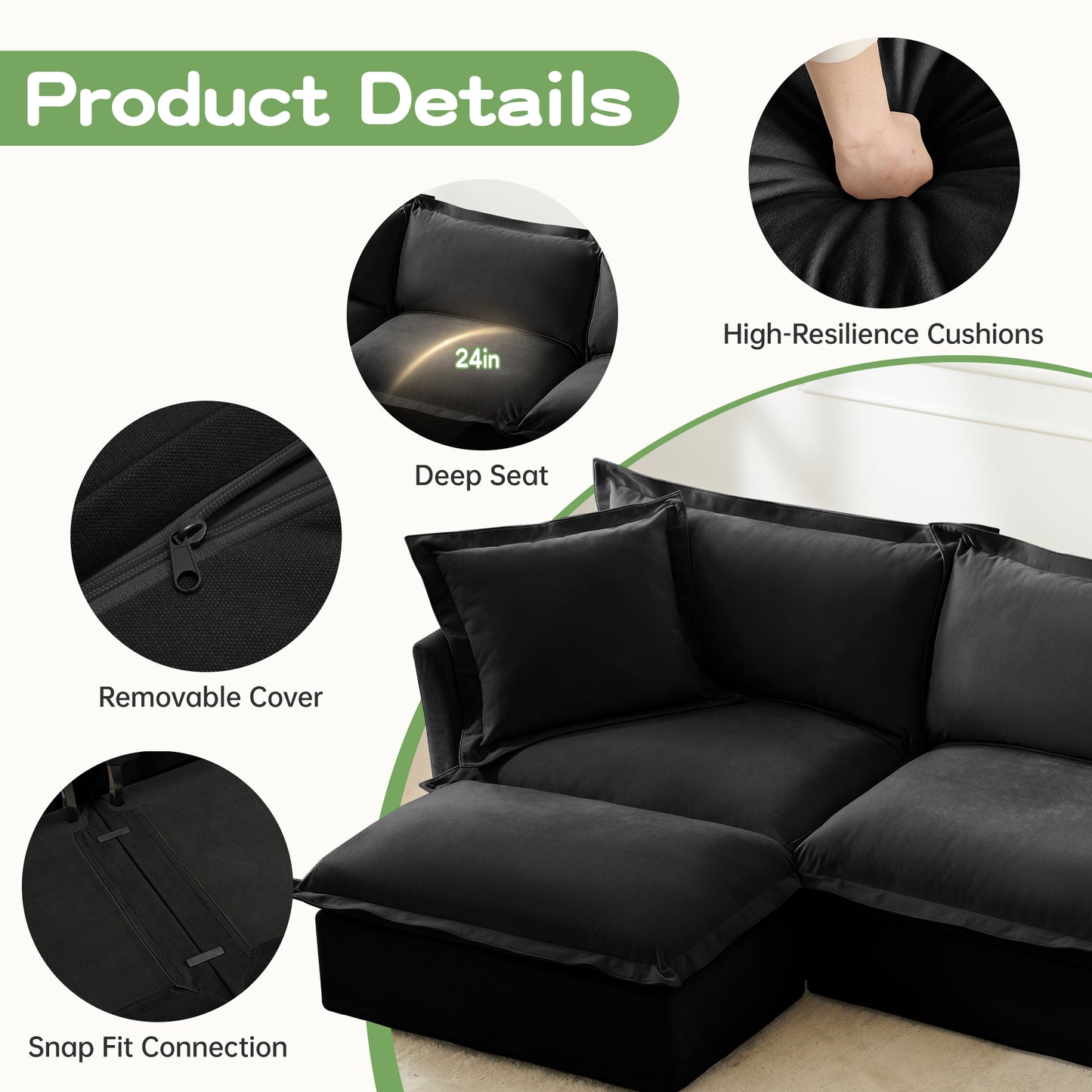 Black Chenille Armchair with Deep Seat & Pillows - Comfortable Accent Chair