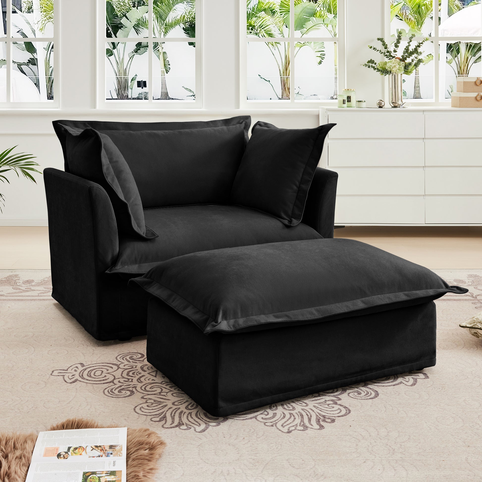 Upholstered Slipcovered Armchair with Ottoman,  Deep Seat Armchair W/ Wide Ottoman for Living Room, Armchair Sets with Large Soft Pillows(Set of 2),Chenille Fabric,Black