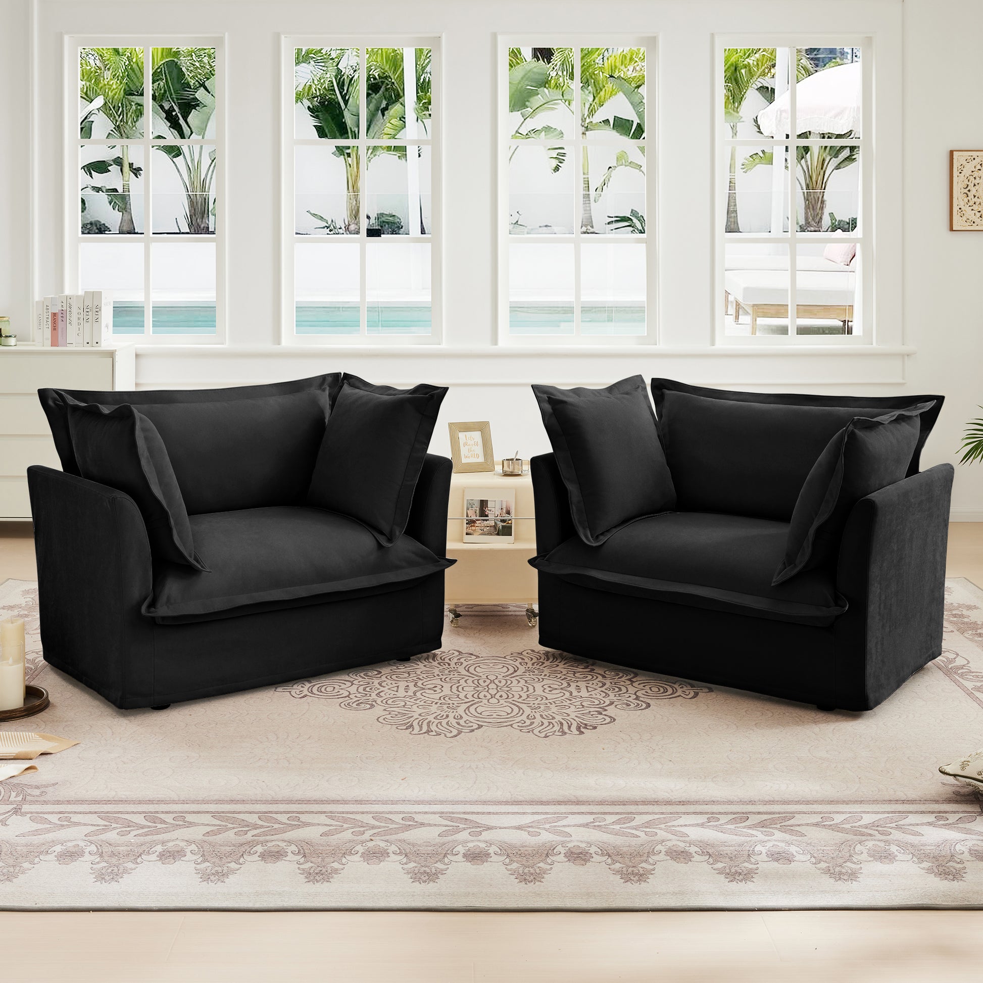 Black Chenille 2 Seat Sofa Set with High Back Pillows for Living Rooms