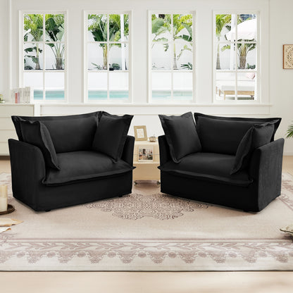 Black Chenille 2 Seat Sofa Set with High Back Pillows for Living Rooms