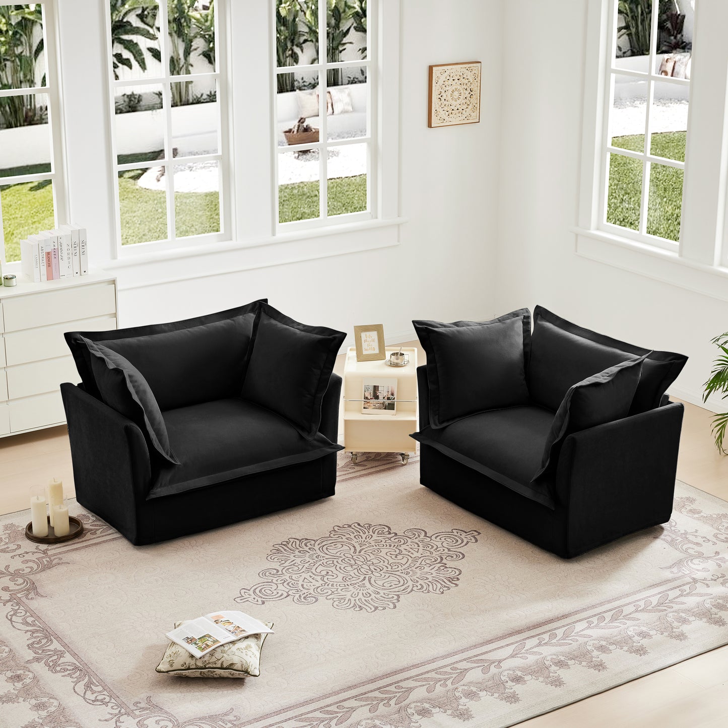 Black Chenille 2 Seat Sofa Set with High Back Pillows for Living Rooms