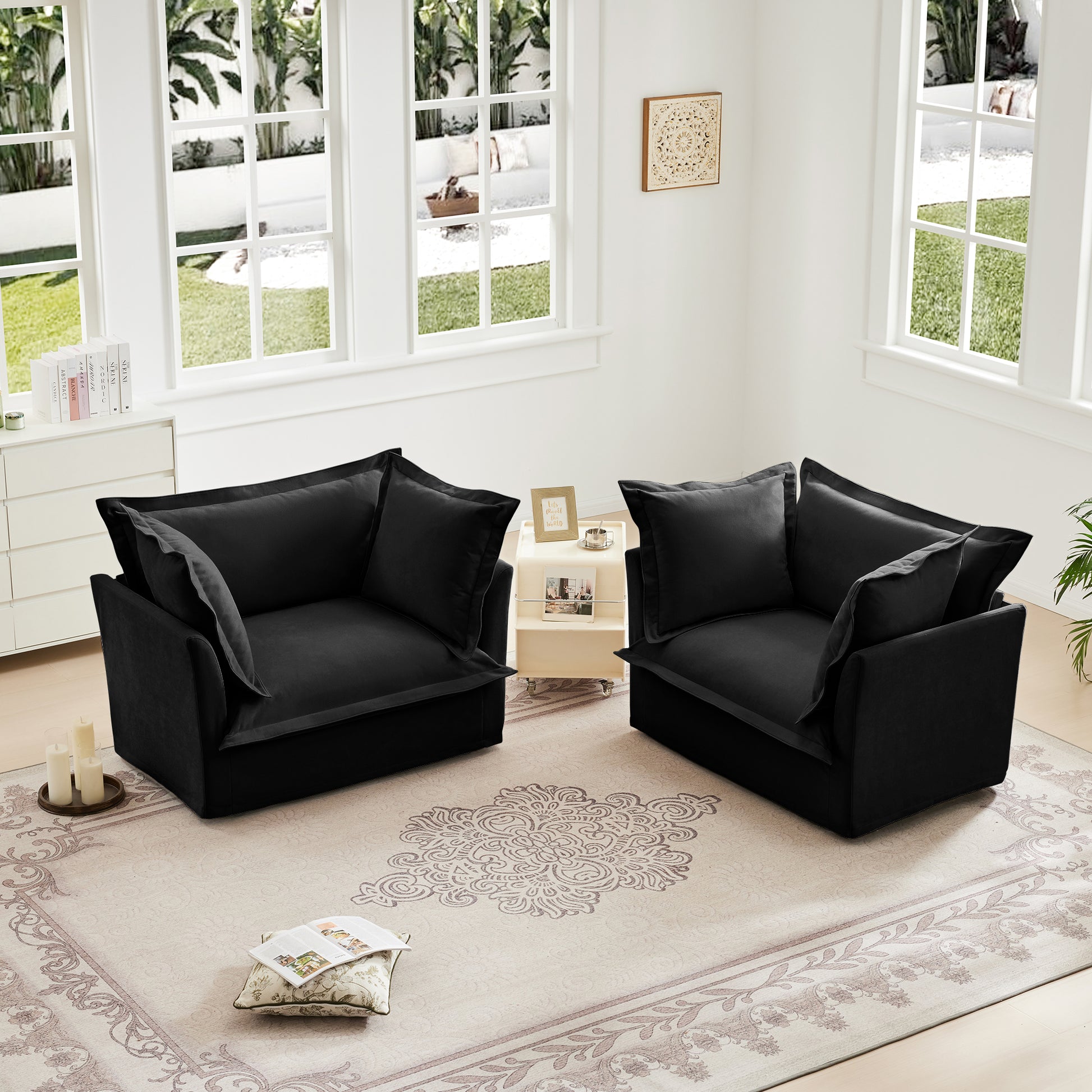 Black Chenille 2 Seat Sofa Set with High Back Pillows for Living Rooms