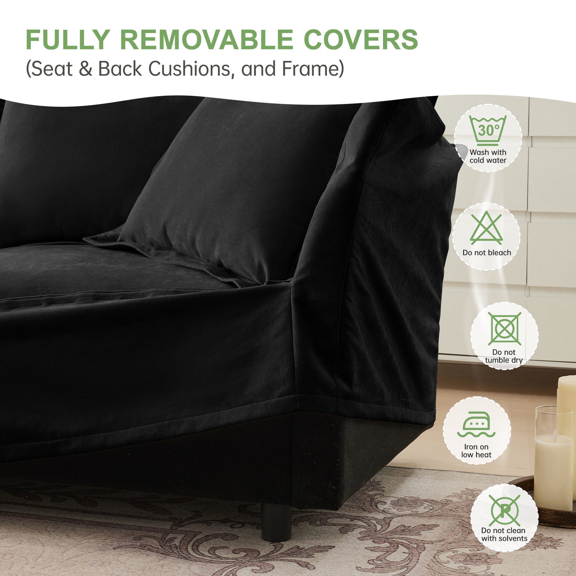 Black Chenille 2 Seat Sofa Set with High Back Pillows for Living Rooms