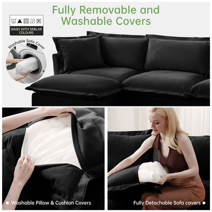 Black Chenille 2 Seat Sofa Set with High Back Pillows for Living Rooms