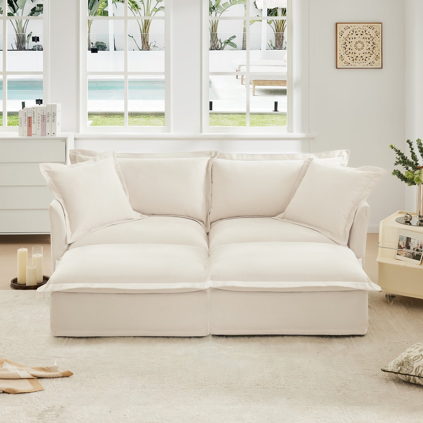 Slipcovered Sofa 2 Seater Sofa    With 2 Ottomans, 2 Seater Sleeper Sofa Bed Home Theater Oversized Sofa For Living Room, Chenille, Cream